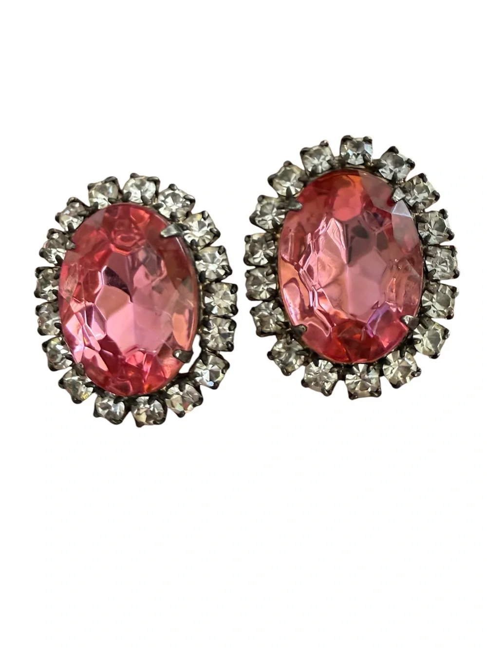 Pink Oval Crystal Glass Rhinestone Halo Silver Tone Stud Earrings - Picture 3 of 5